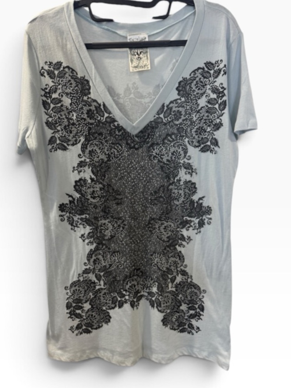 Vocal V-Neck Gray Graphic Lace-Style Print Women's Top
